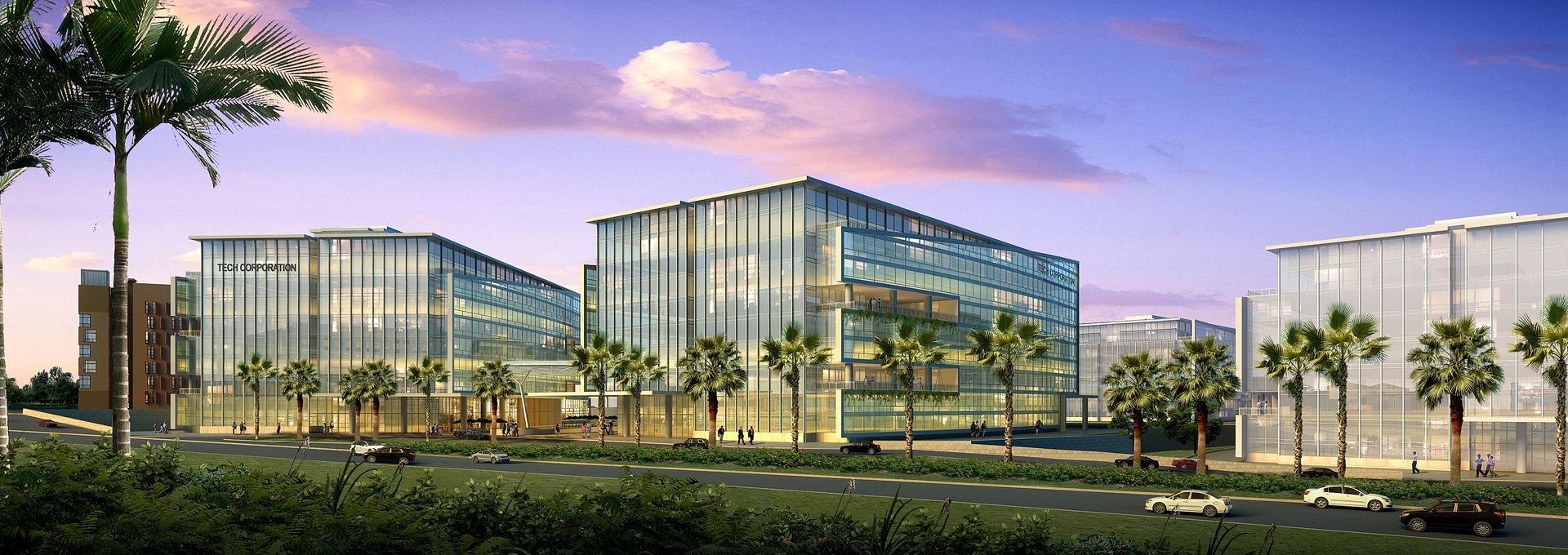 An artist 's impression of a large building surrounded by palm trees