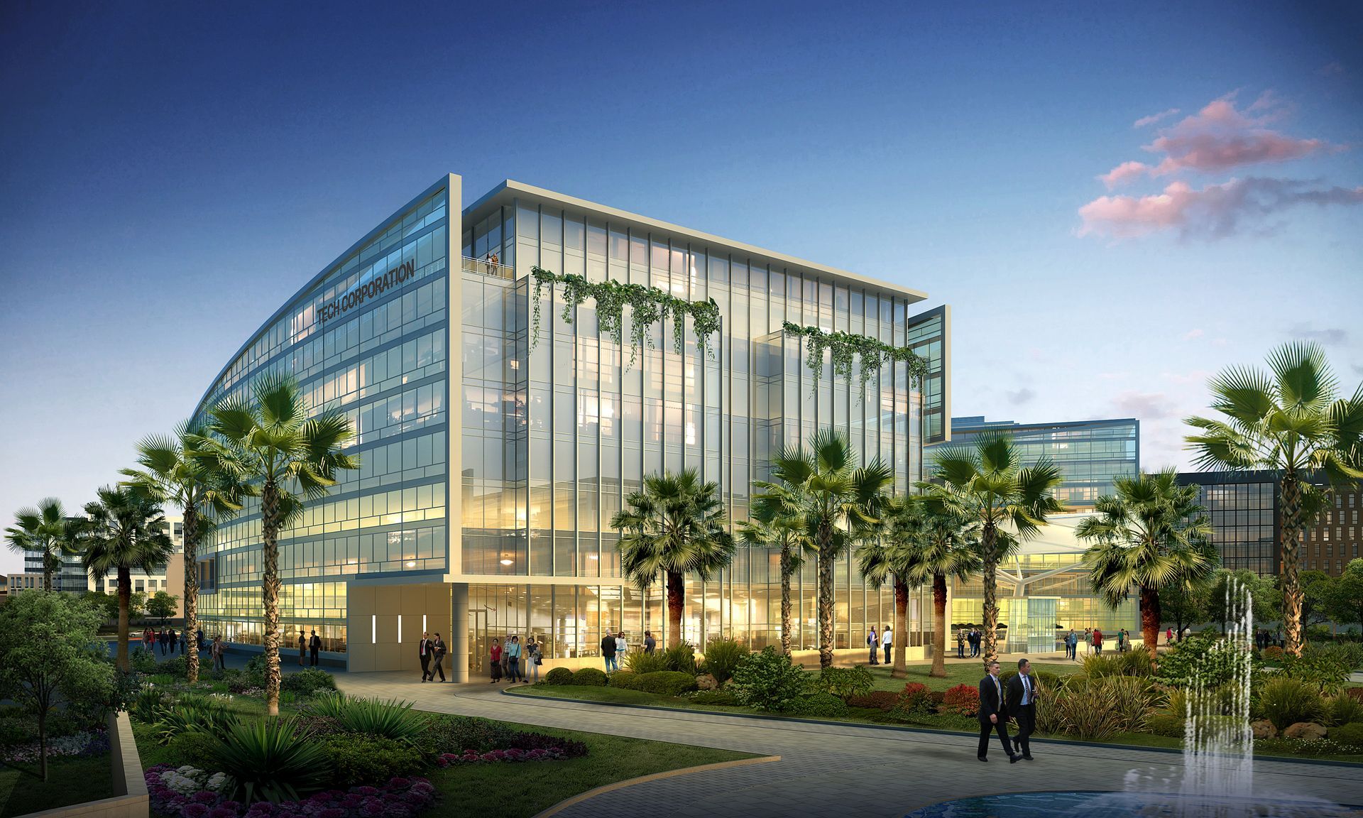 An artist 's impression of a large building with a fountain in front of it surrounded by palm trees.