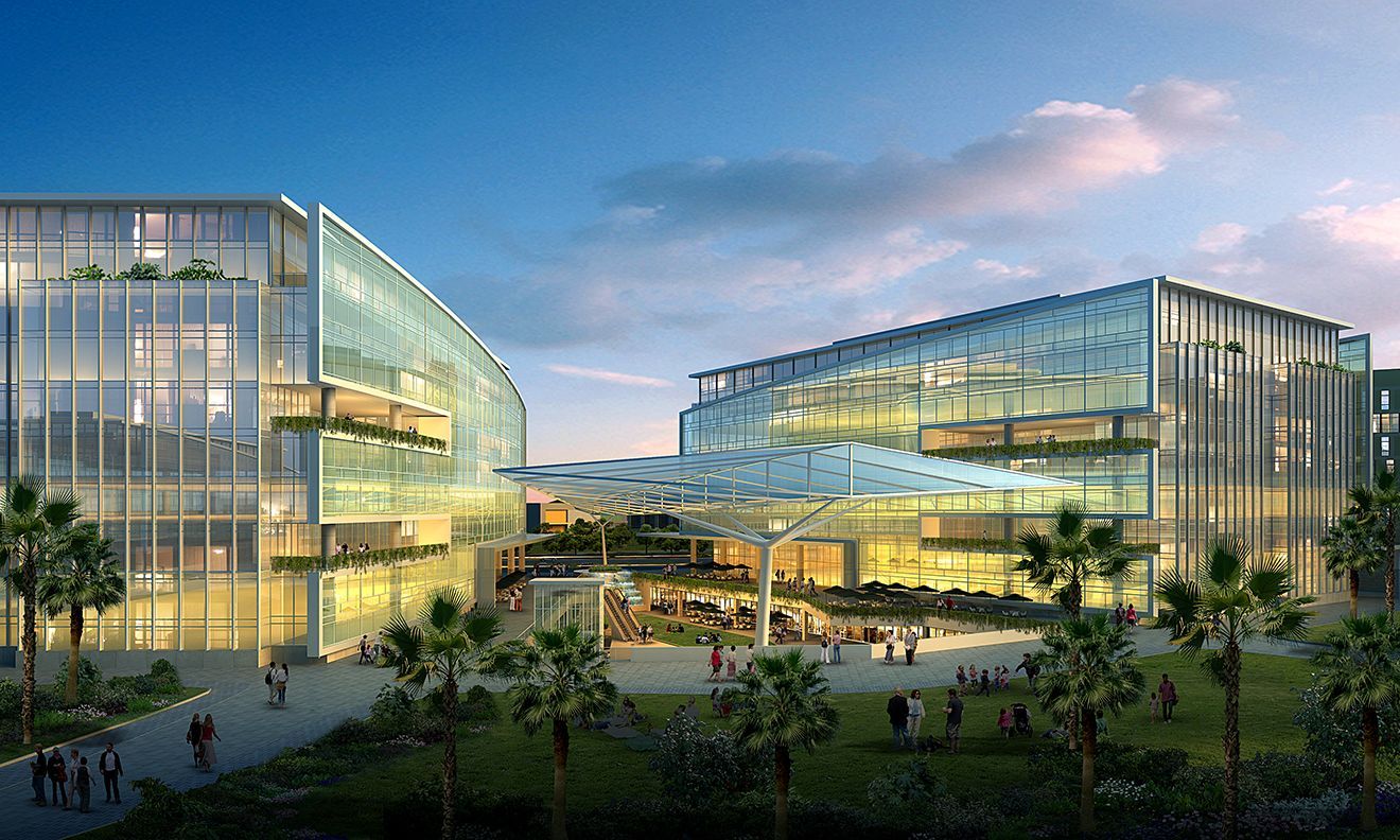 An artist 's impression of a large building with a lot of windows surrounded by palm trees.