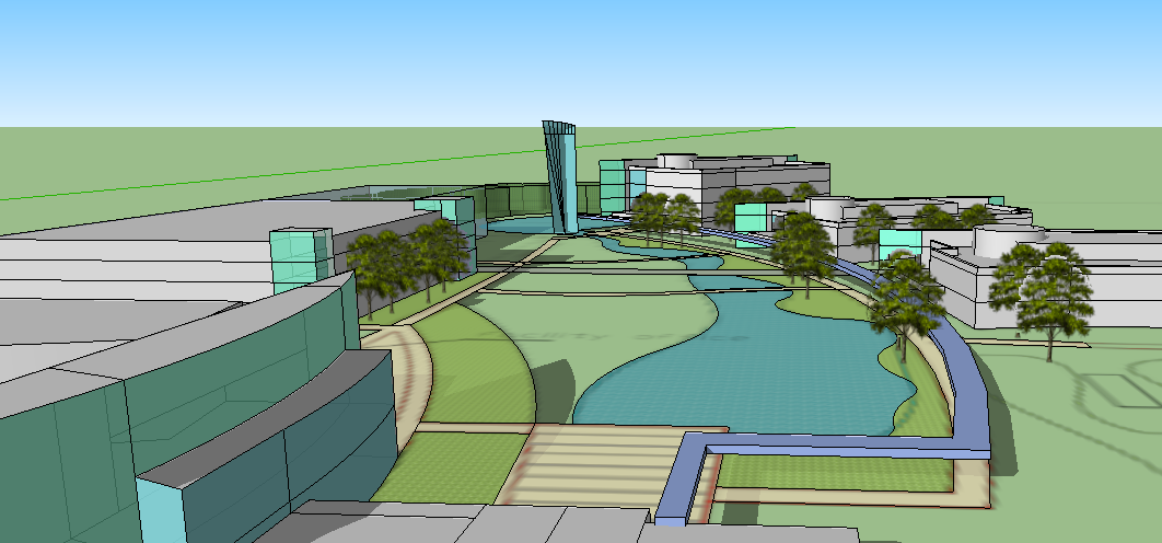 An aerial view of a building with trees and a river