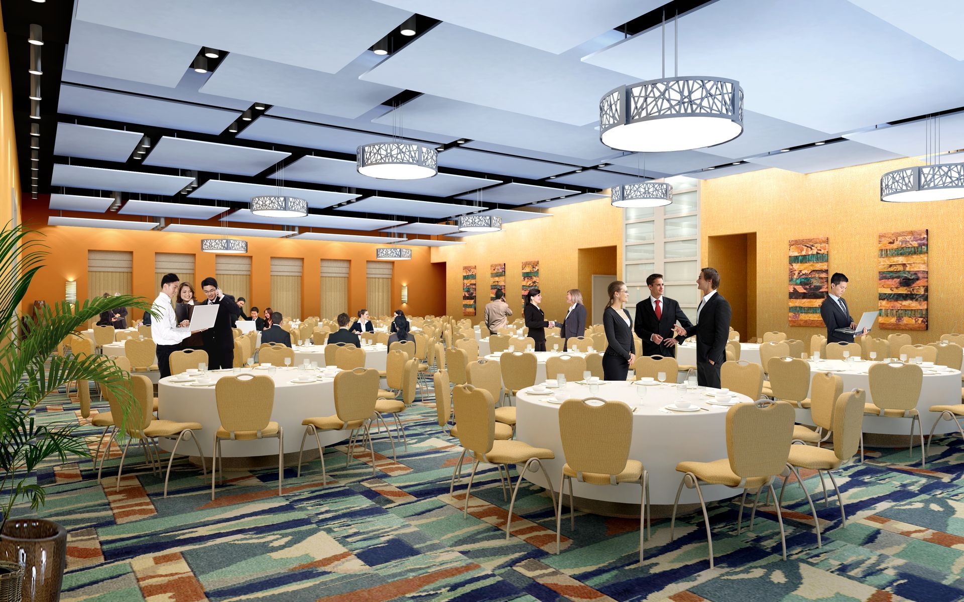 An artist 's impression of a large room with tables and chairs