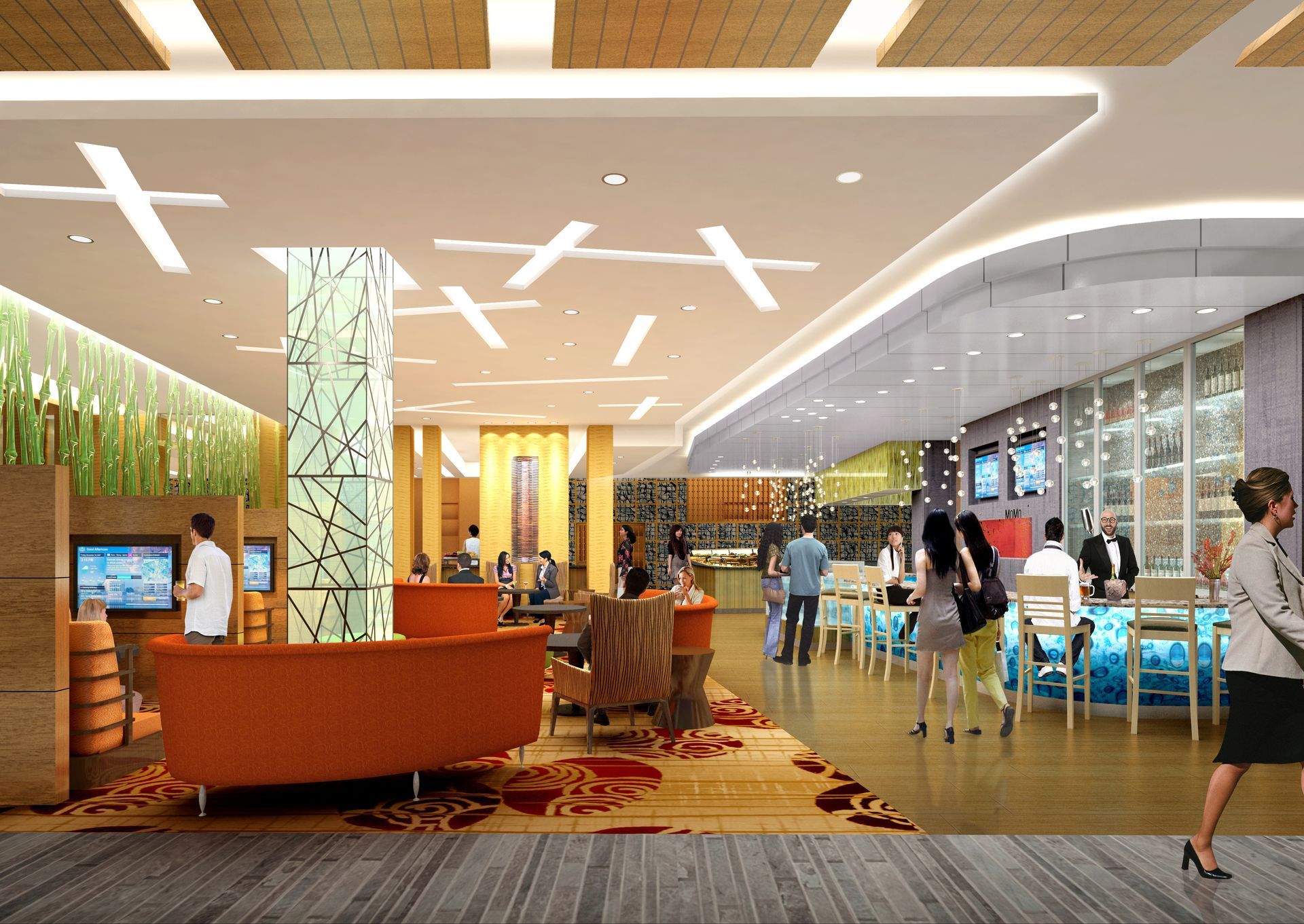 An artist 's impression of a hotel lobby with people walking around