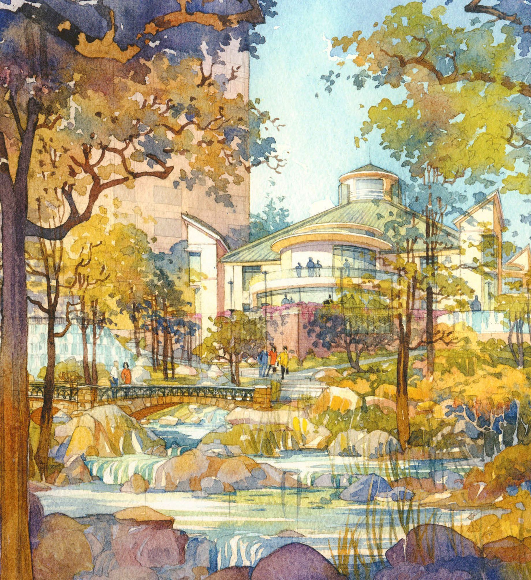 A watercolor painting of a park with trees and buildings