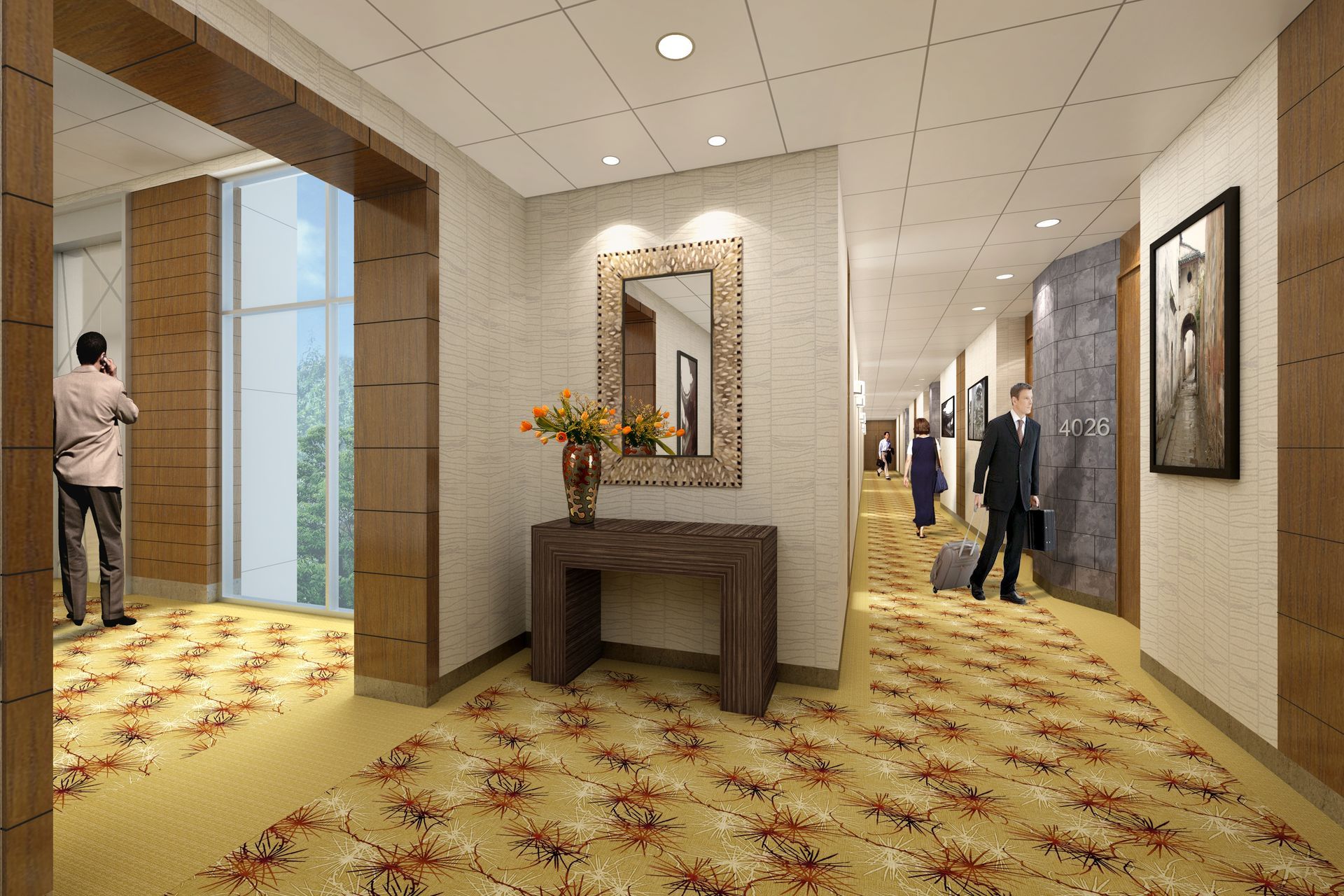 An artist 's impression of a hallway with people walking down it