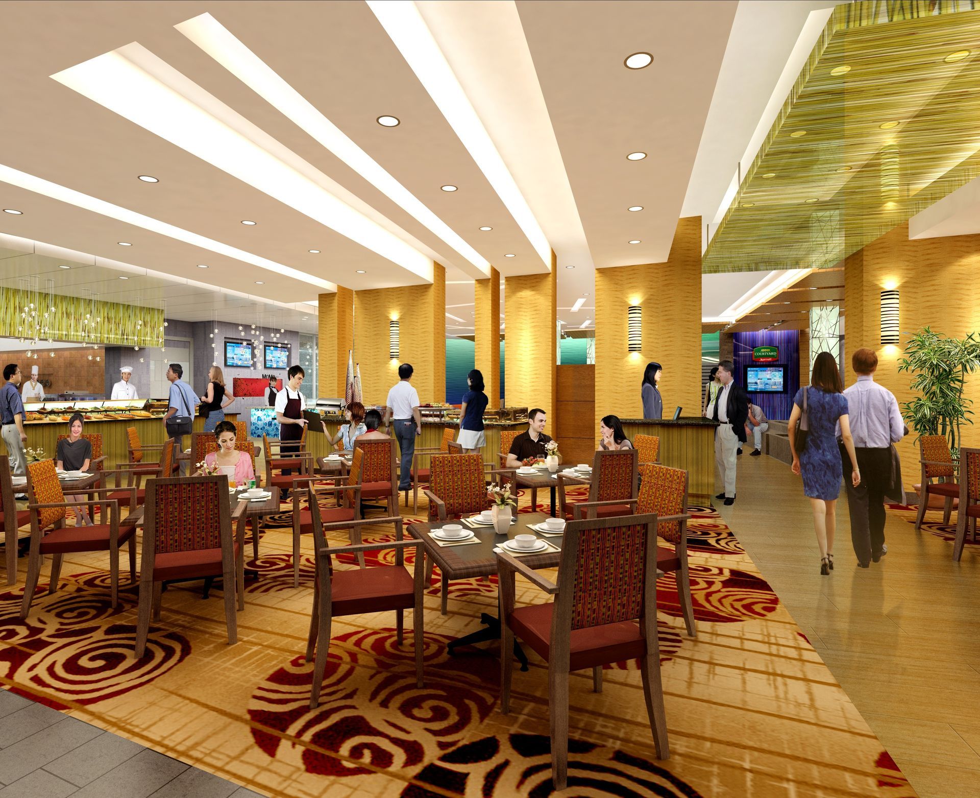 An artist 's impression of a restaurant with tables and chairs