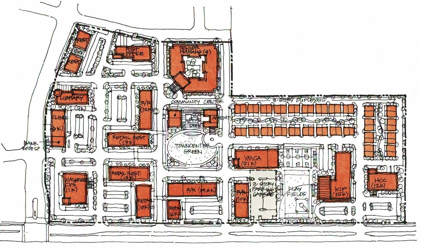 A black and white drawing of a city with lots of buildings