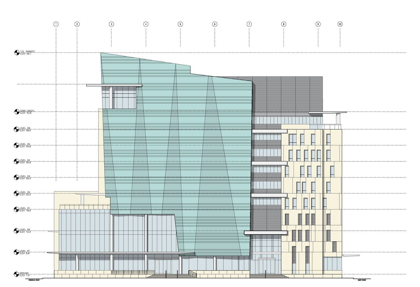 A drawing of a building with a lot of windows