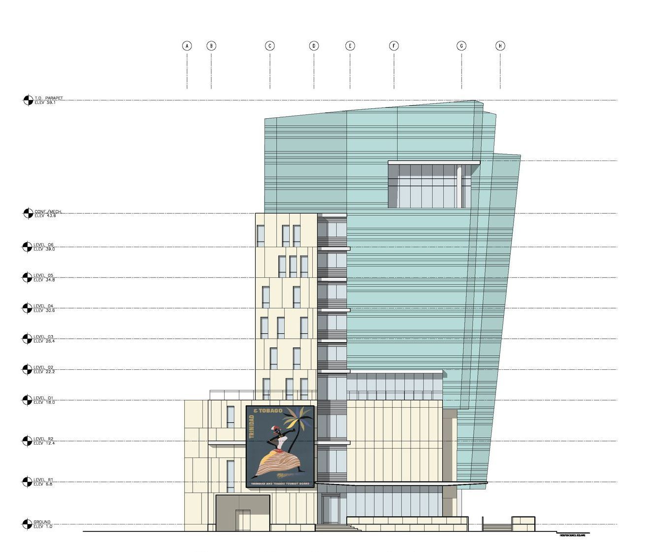 A blue and white drawing of a building with measurements