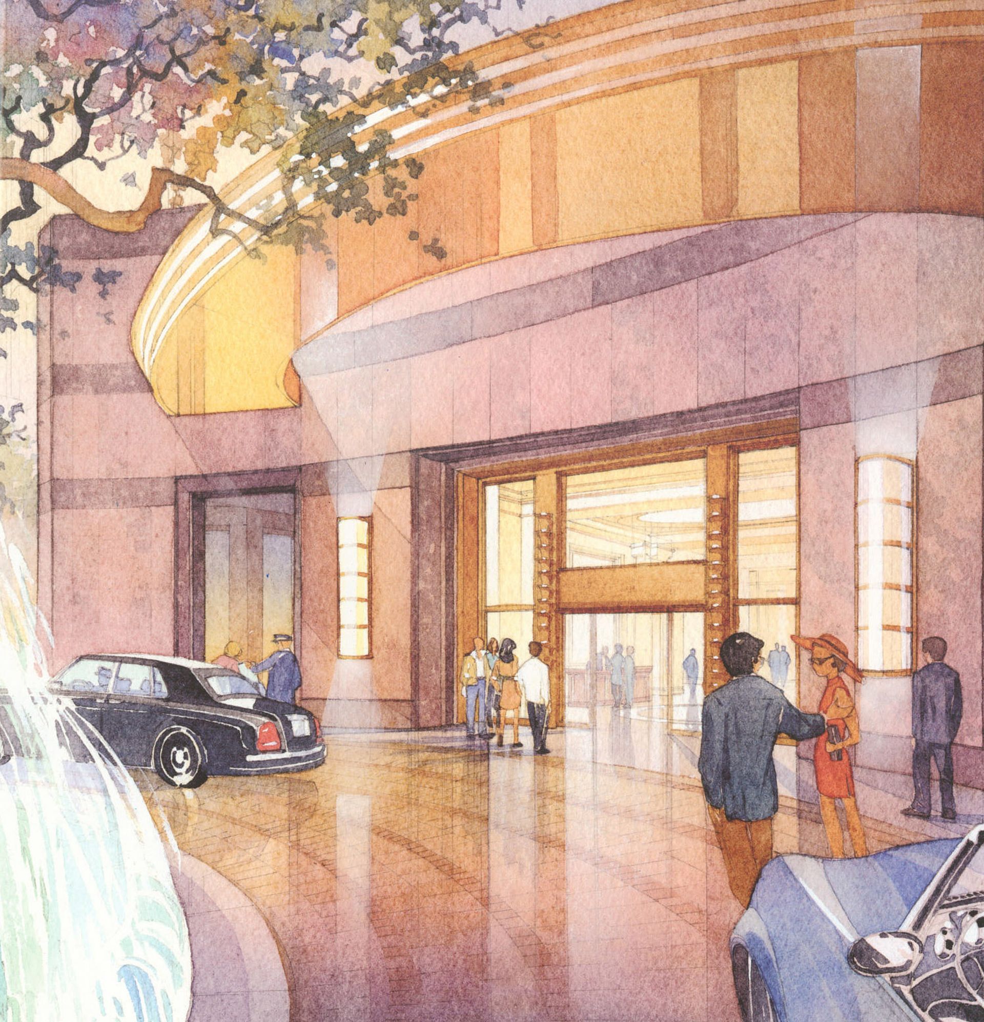 A watercolor painting of people standing outside of a building