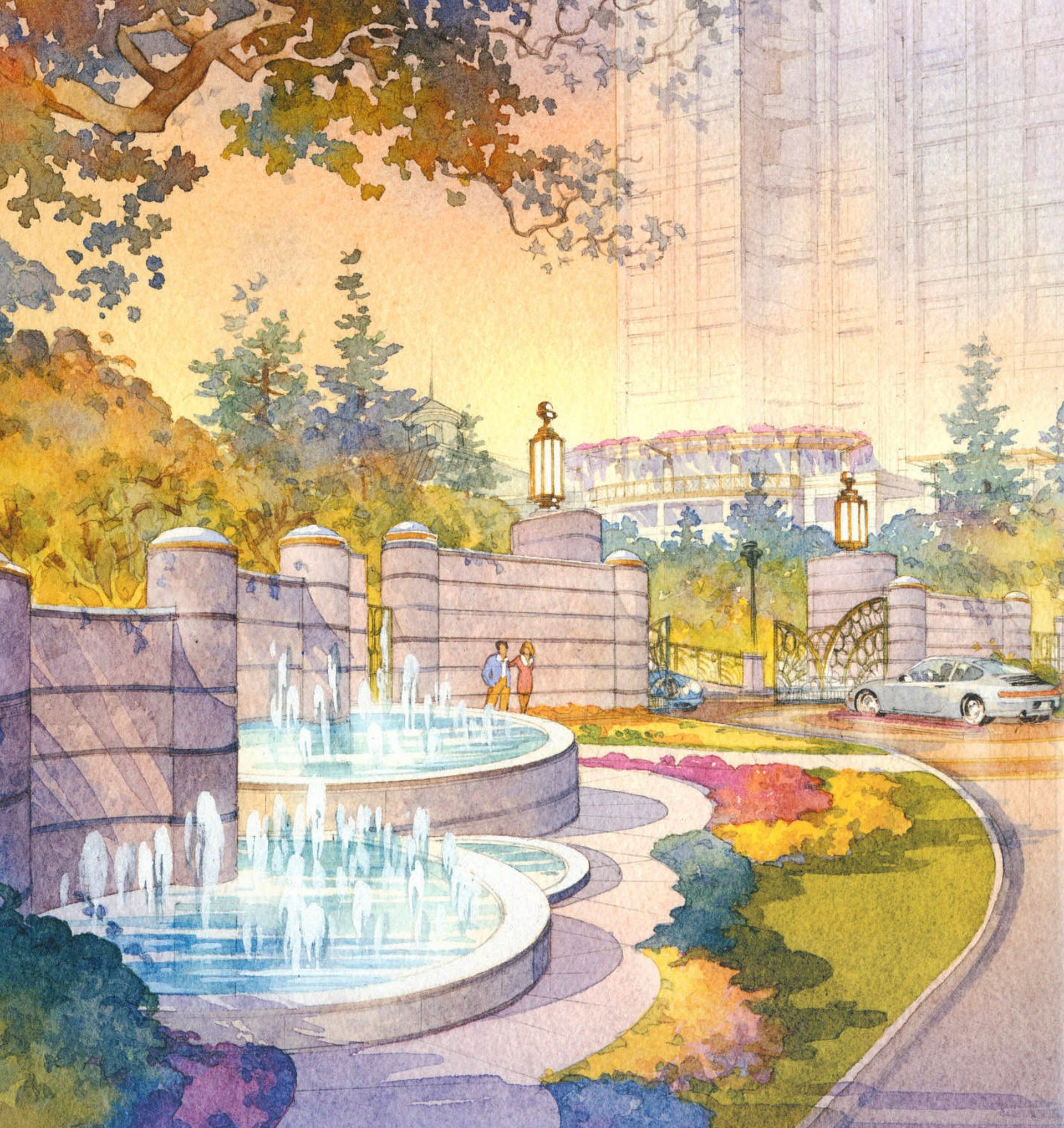 A watercolor painting of a fountain in a park