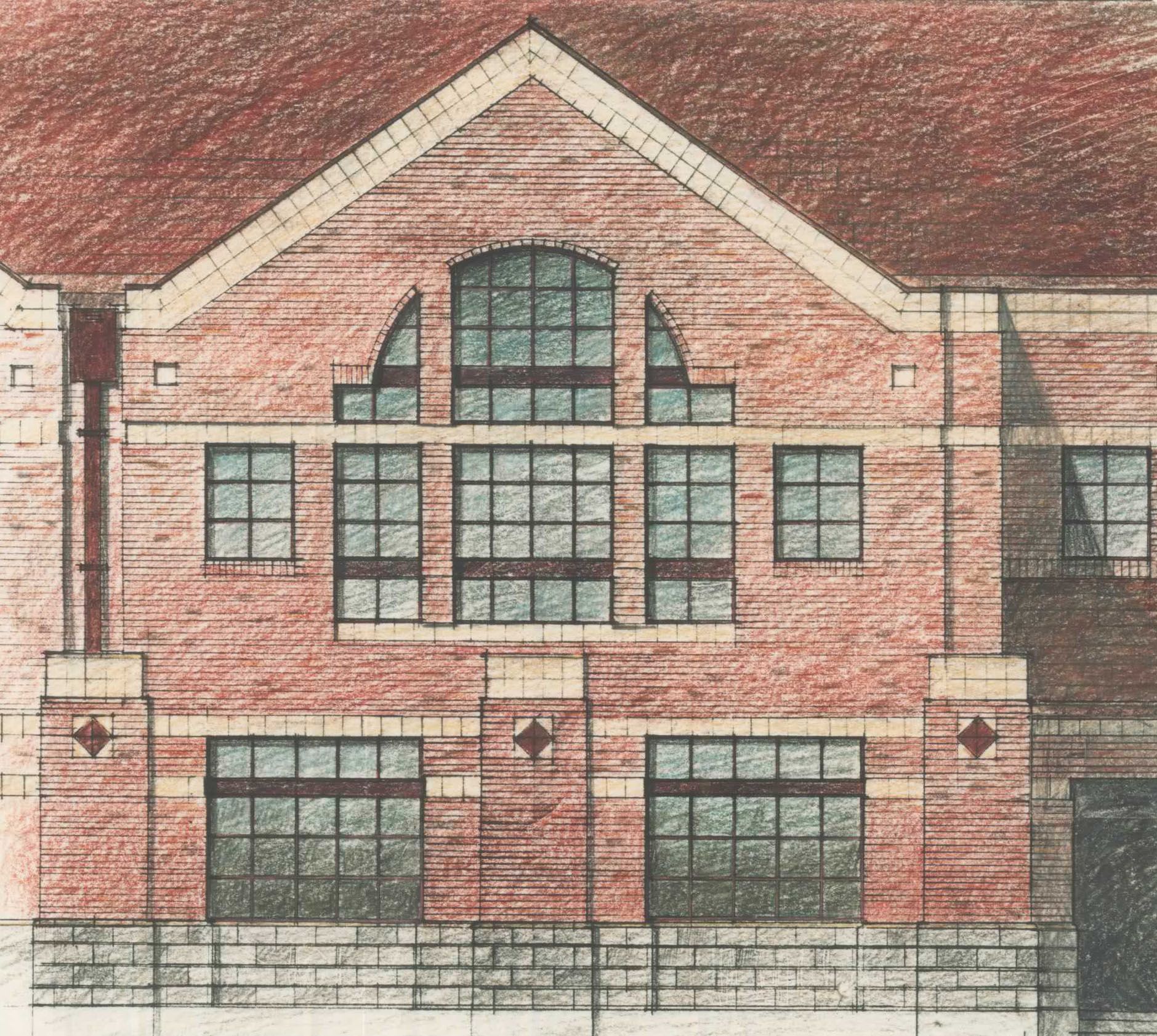 A drawing of a brick building with many windows
