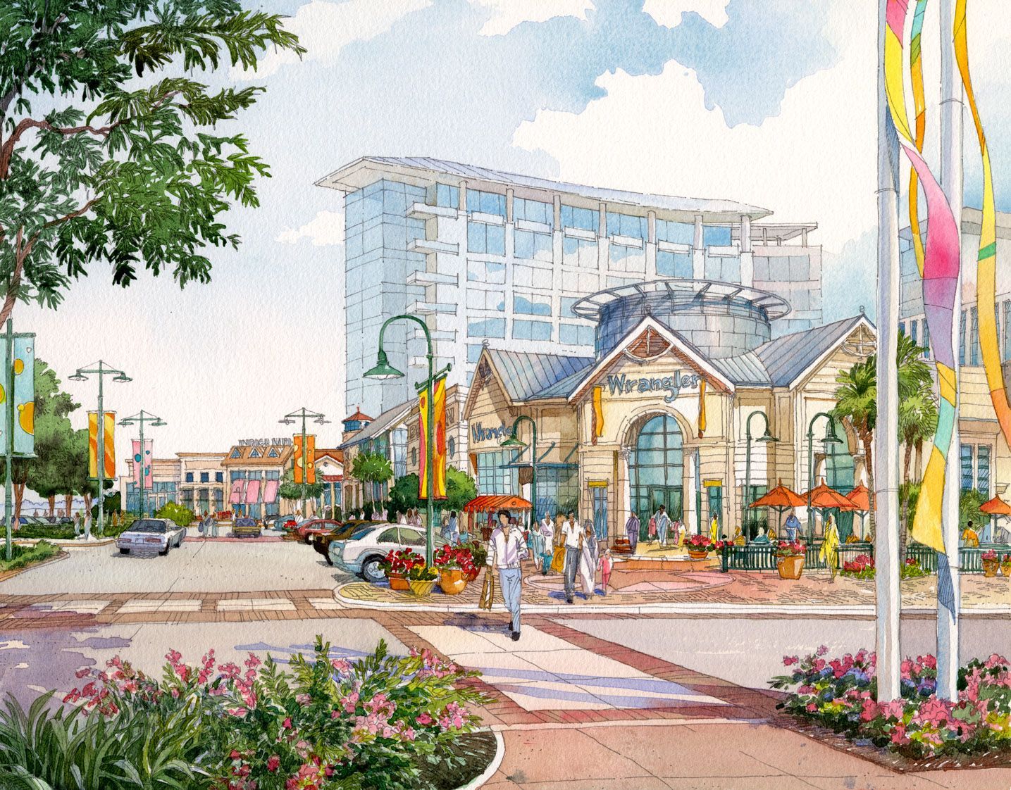 A painting of people walking in front of a building