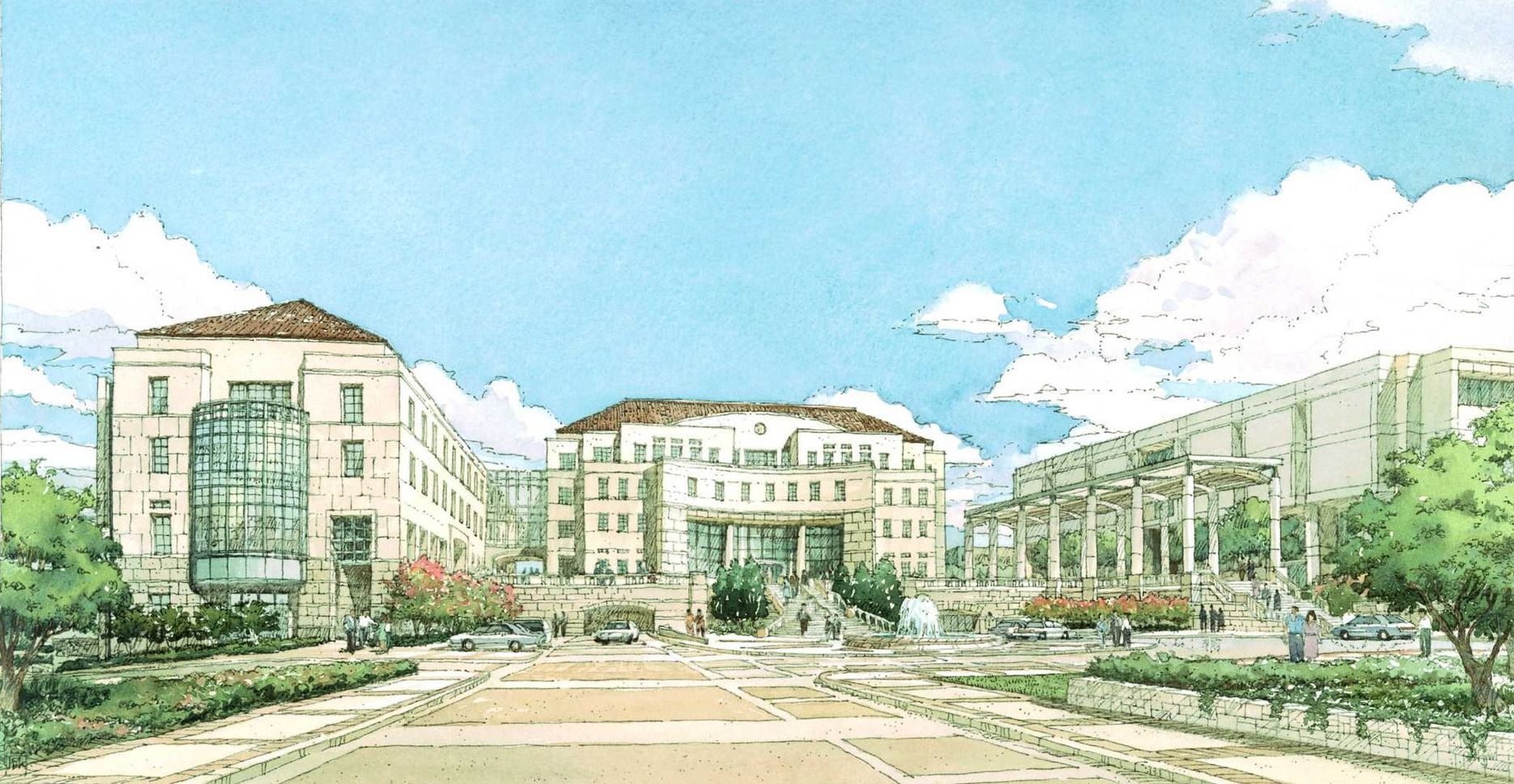 A drawing of a building with a blue sky in the background