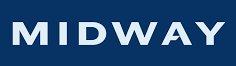 A blue background with the word midway in white letters