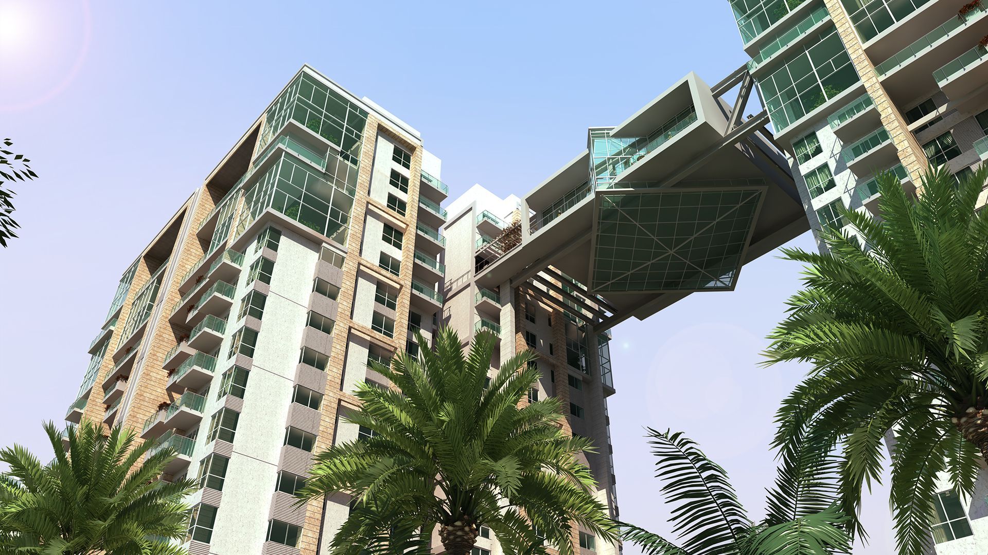 An artist 's impression of a very tall building with palm trees in front of it