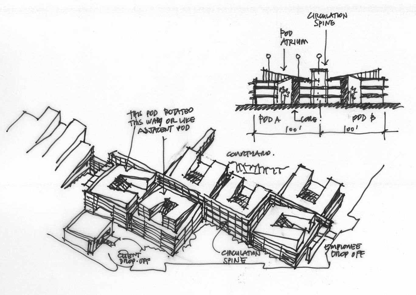 A black and white drawing of a building with a lot of windows