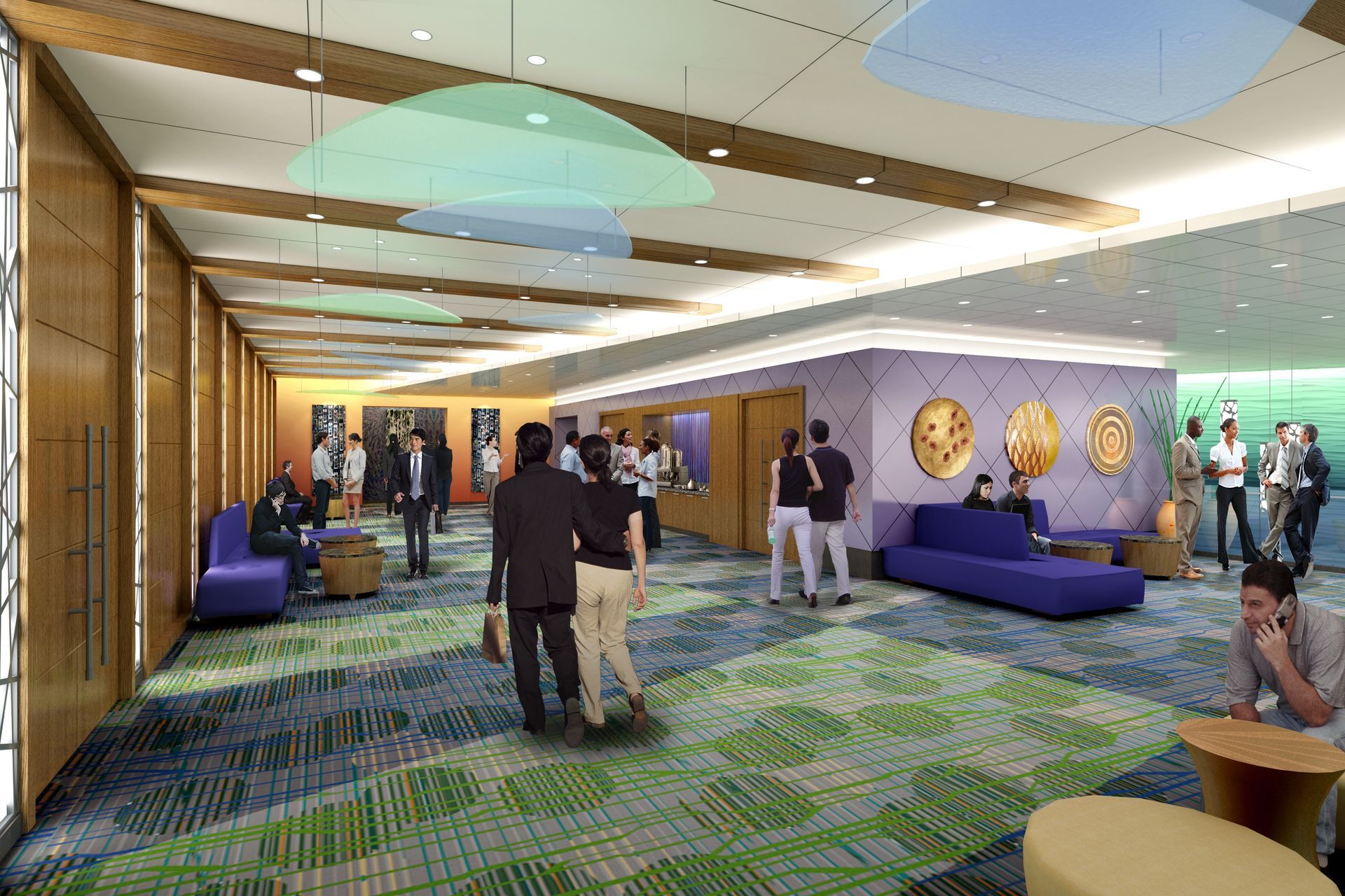 A group of people are standing in a hallway.