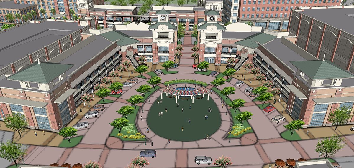 An aerial view of a city with lots of buildings and trees