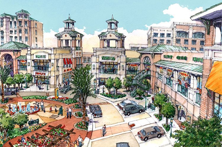 An artist 's impression of a shopping center with cars parked in front of it