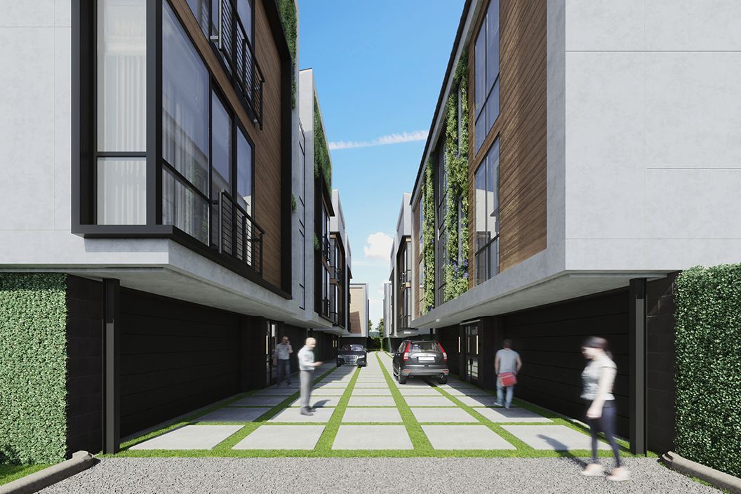 An artist 's impression of a narrow alleyway between two buildings.