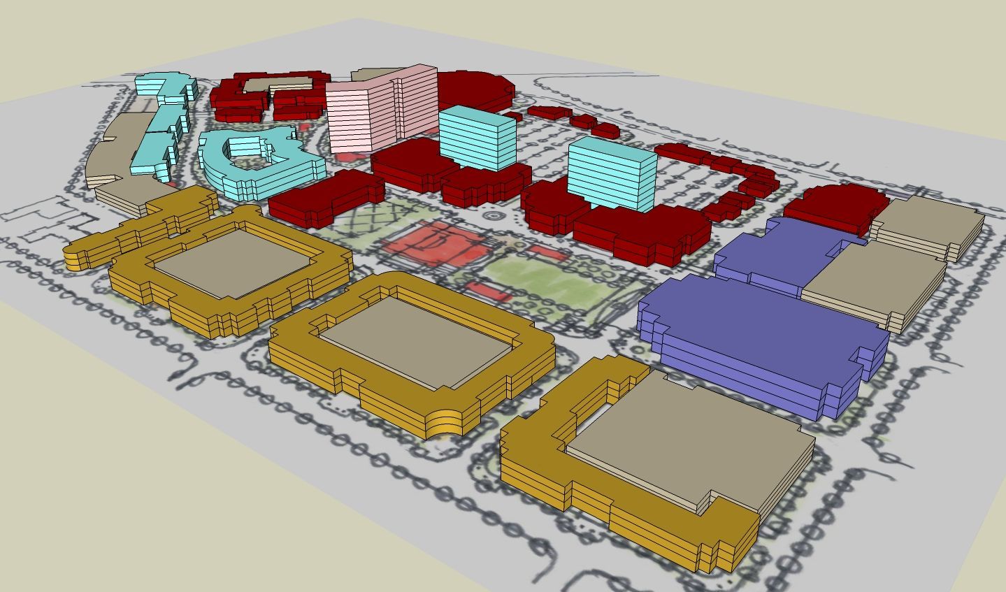 A 3d model of a building with a lot of different colors