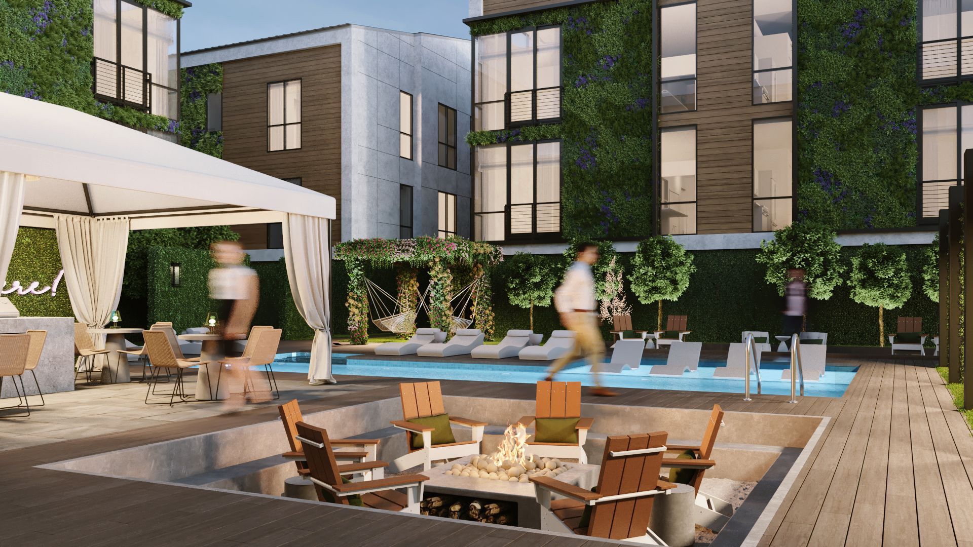 An artist 's impression of a swimming pool in a residential area.