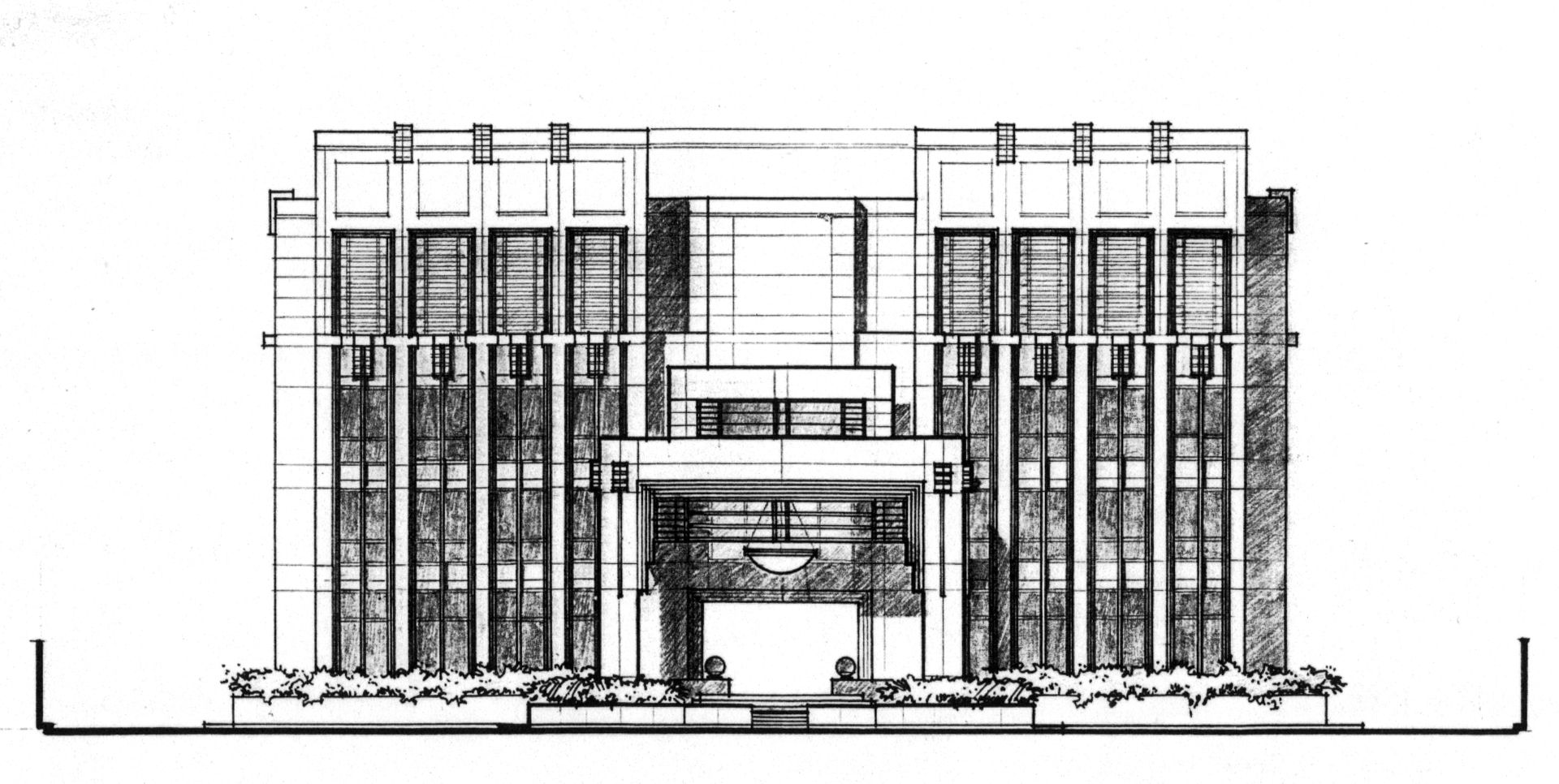 A black and white drawing of a large building
