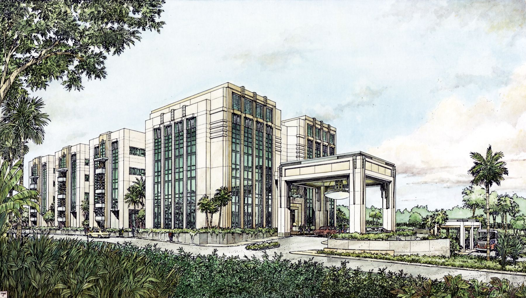 A drawing of a large building with palm trees in the background