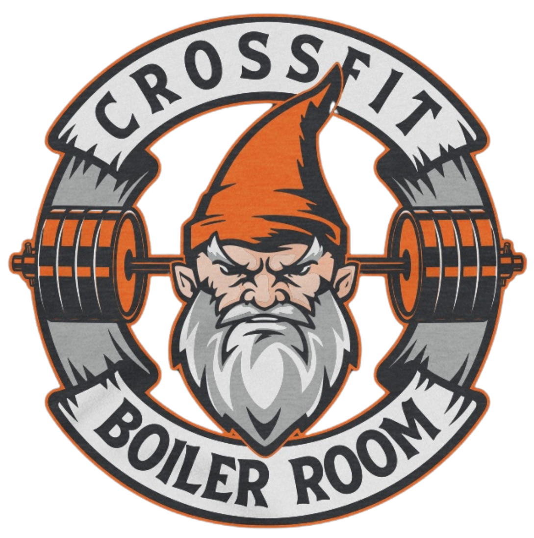 CrossFit logo: Angry gnome with barbell, orange hat, silver beard, and "CrossFit Boiler Room" text.