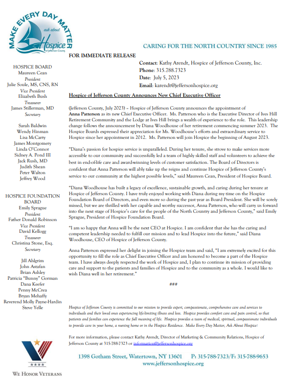 CEO Press Release | Hospice of Jefferson County
