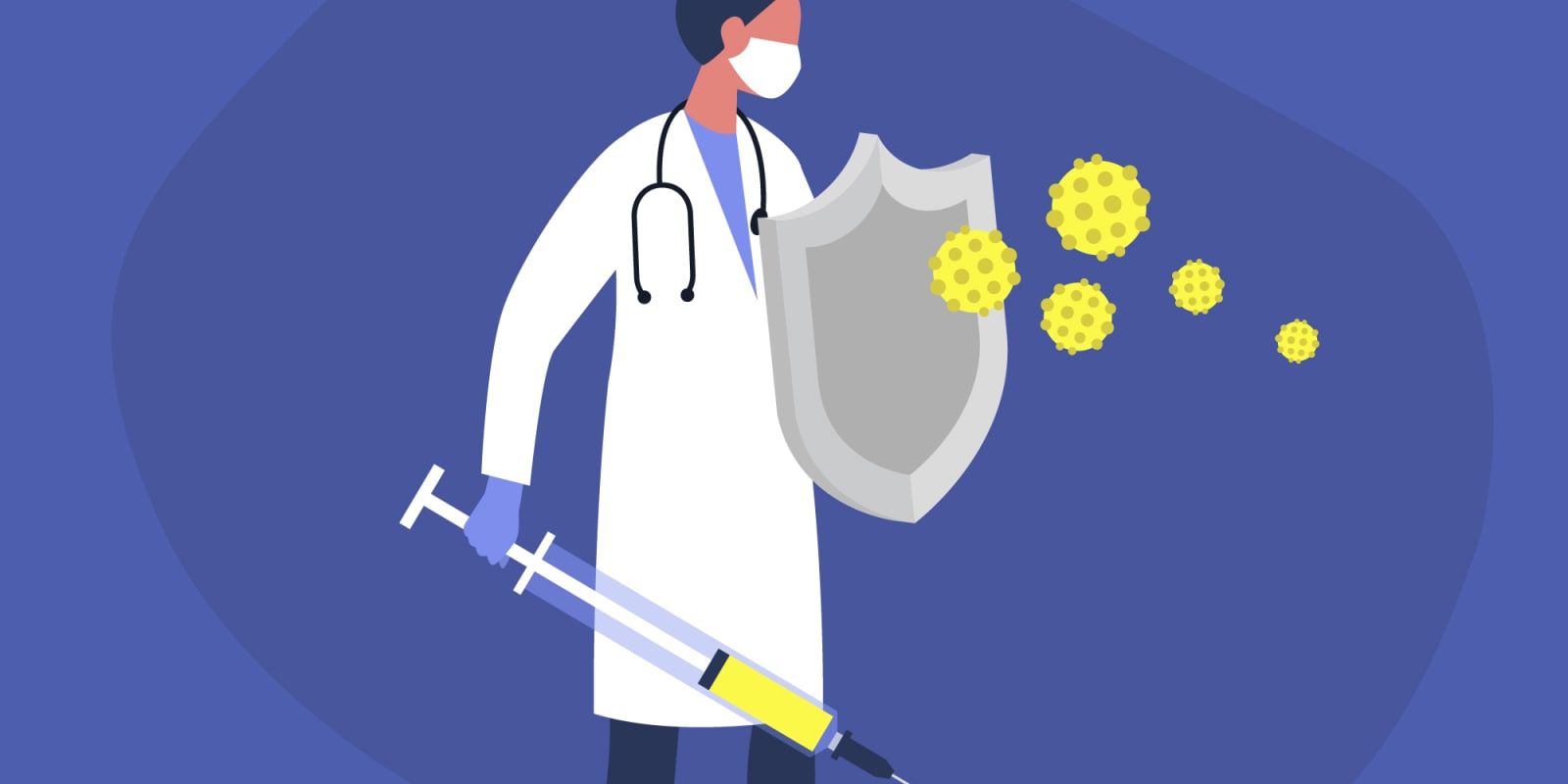 A doctor in a white coat, mask, holding a syringe, shield against viruses, blue background.