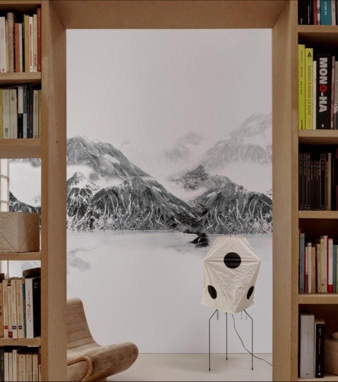 Una libreria con un'immagine di montagne sopra