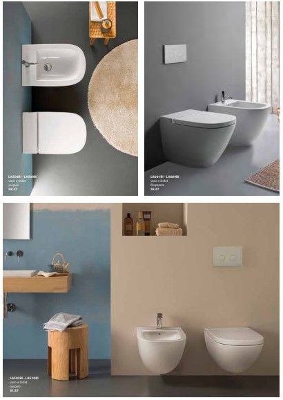 Un collage di quattro foto di bagni con wc e bidet