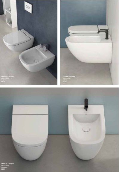 Quattro immagini di water e bidet in un bagno