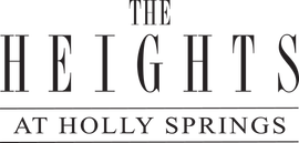 The logo for the heights at holly springs is black and white.