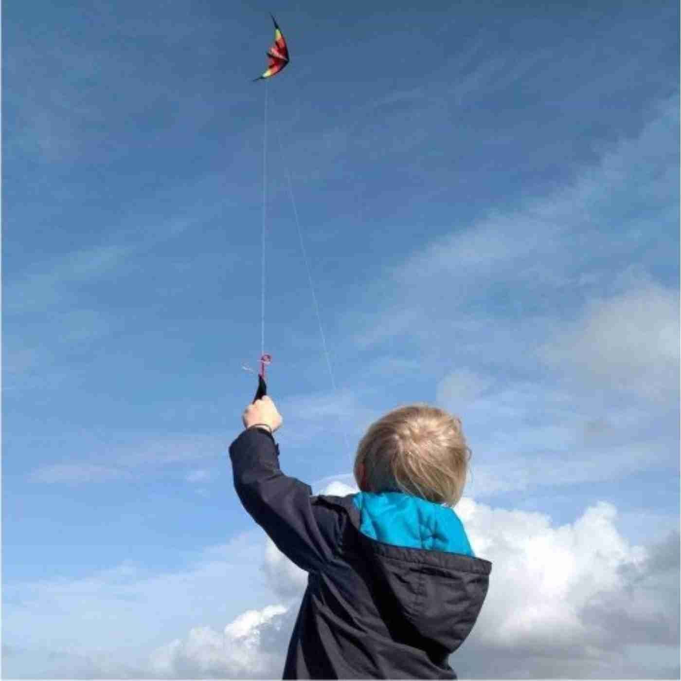 Kid on the beach flying a stunt kite