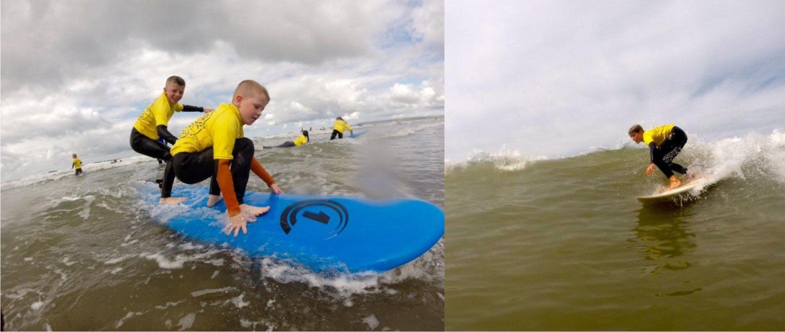 Young surfers with SurfSUP academy learning to surf