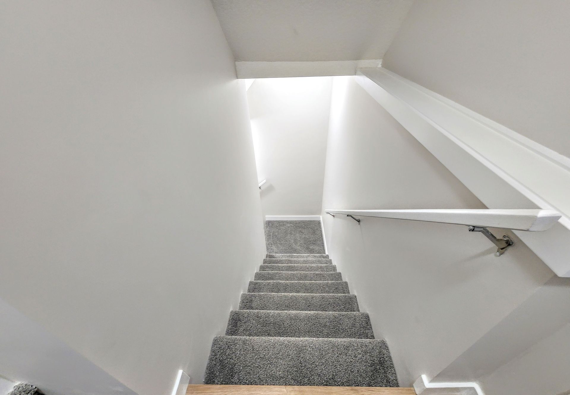 Carpeted staircase with white balustrade leading down to a basement area in a Calgary house.