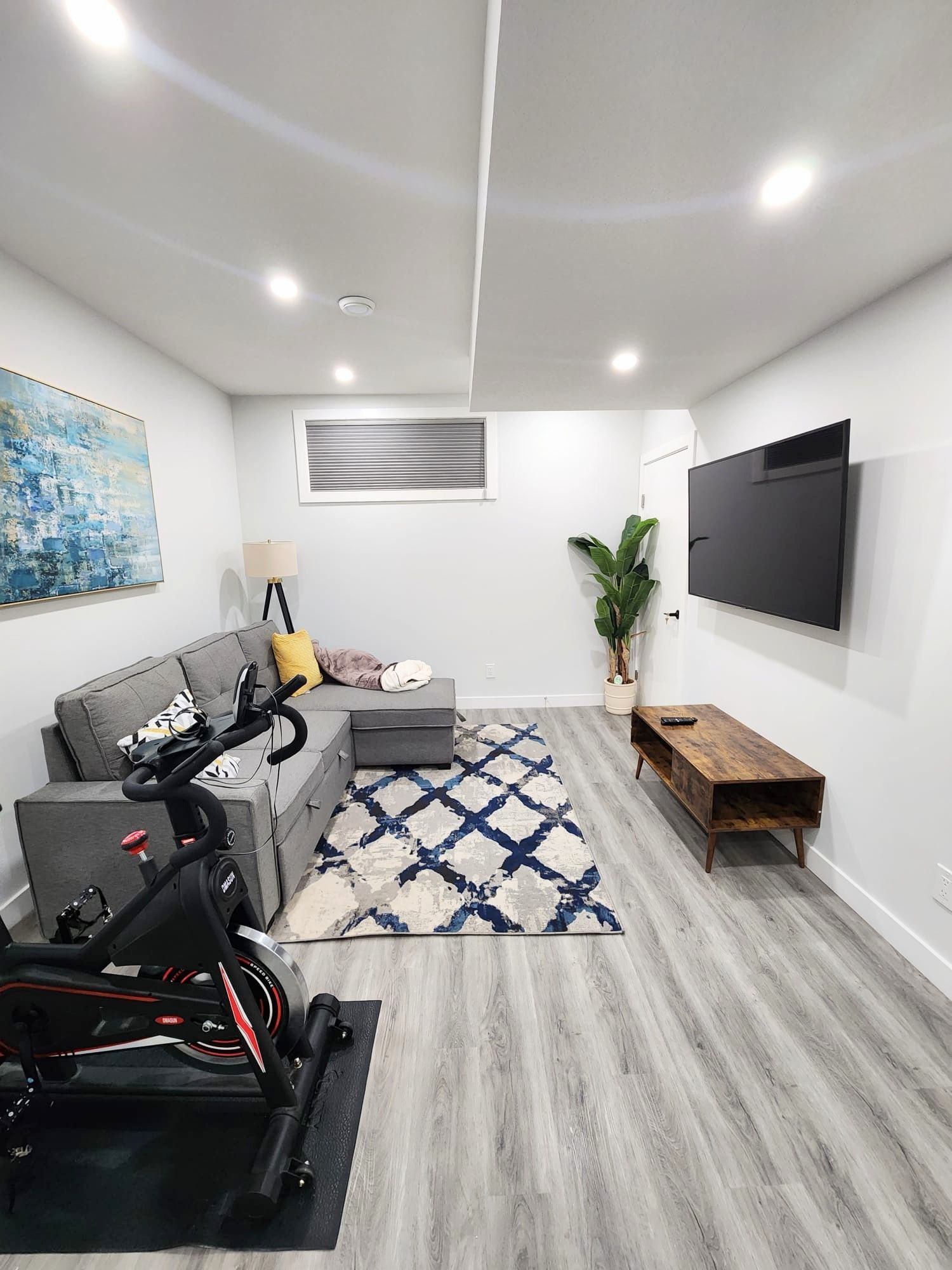 Image of a sectional couch, area rug, a bicycle, and wall painting in a living space within a basement renovation in Calgary Alberta 