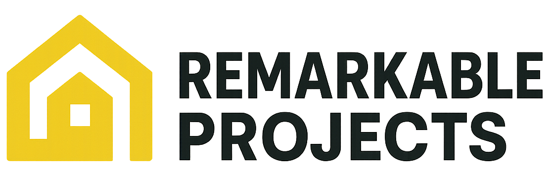 Remarkable Project logo, shows a round golden circle, protecting a home, with the company name below