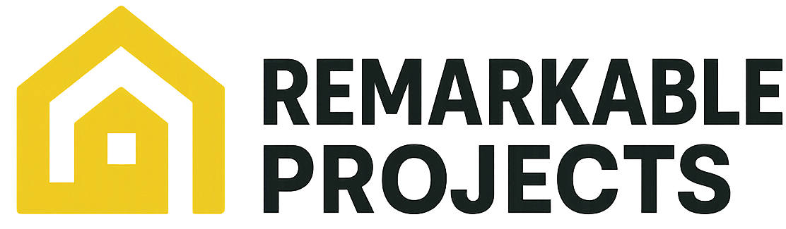 Remarkable Project logo, shows a round golden circle, protecting a home, with the company name and slogan below