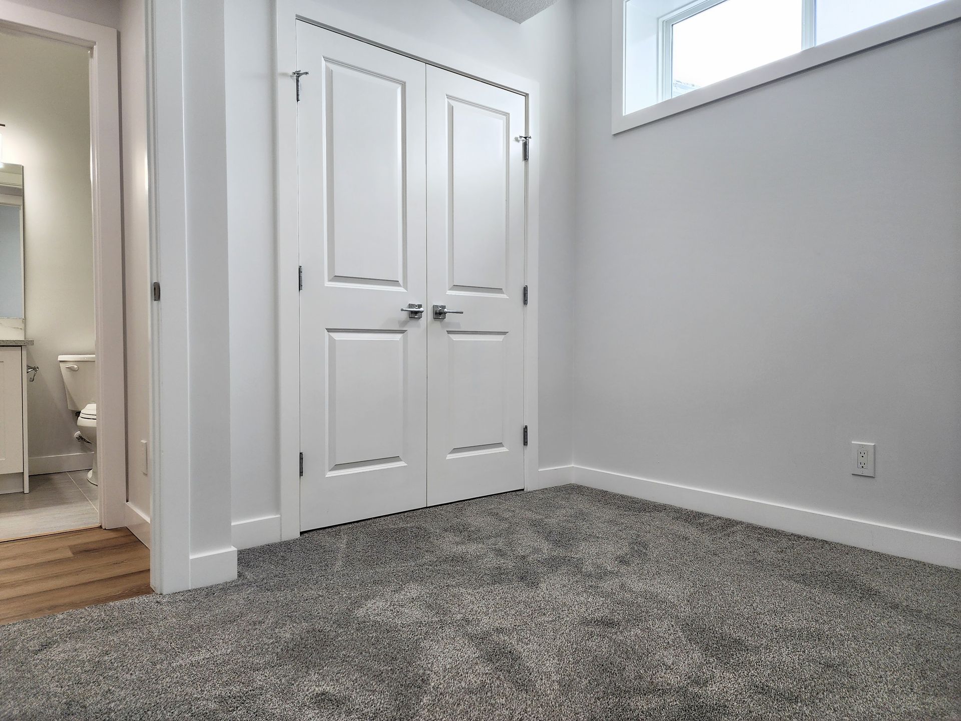 image shows a Basement bedroom with grey carpet and white double closet doors.