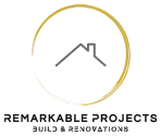 Remarkable Project logo, shows a round golden circle, protecting a home, with the company name below