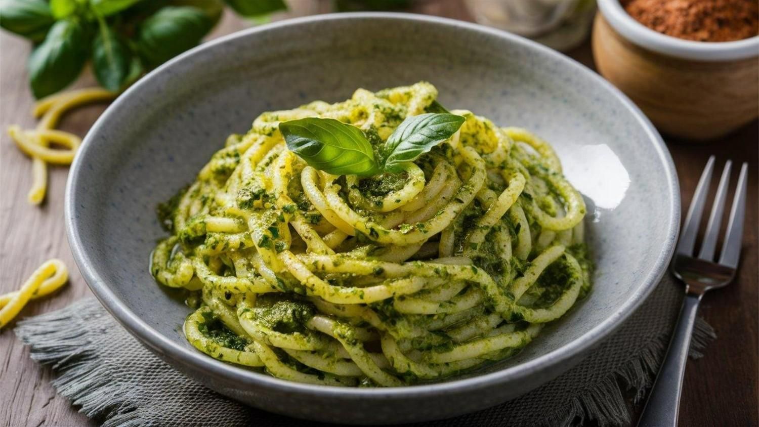 Bowl of Spaghetti with Pesto Sauce — Romanas Italian Restaurant in Nobby Beach, QLD