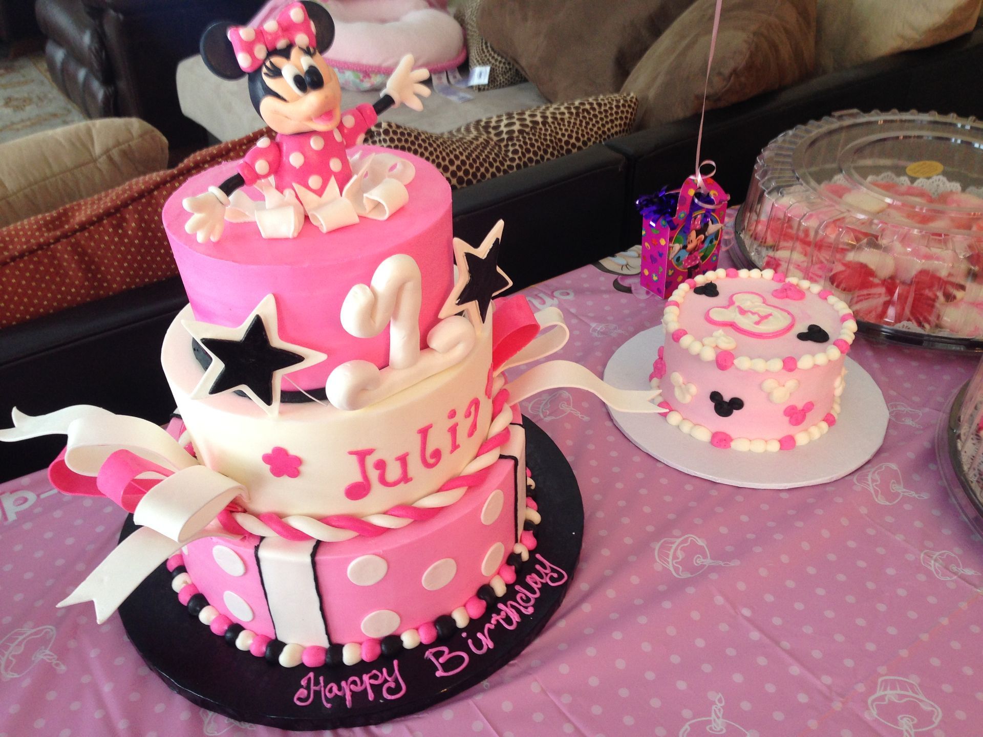 a birthday cake for julie sits on a table