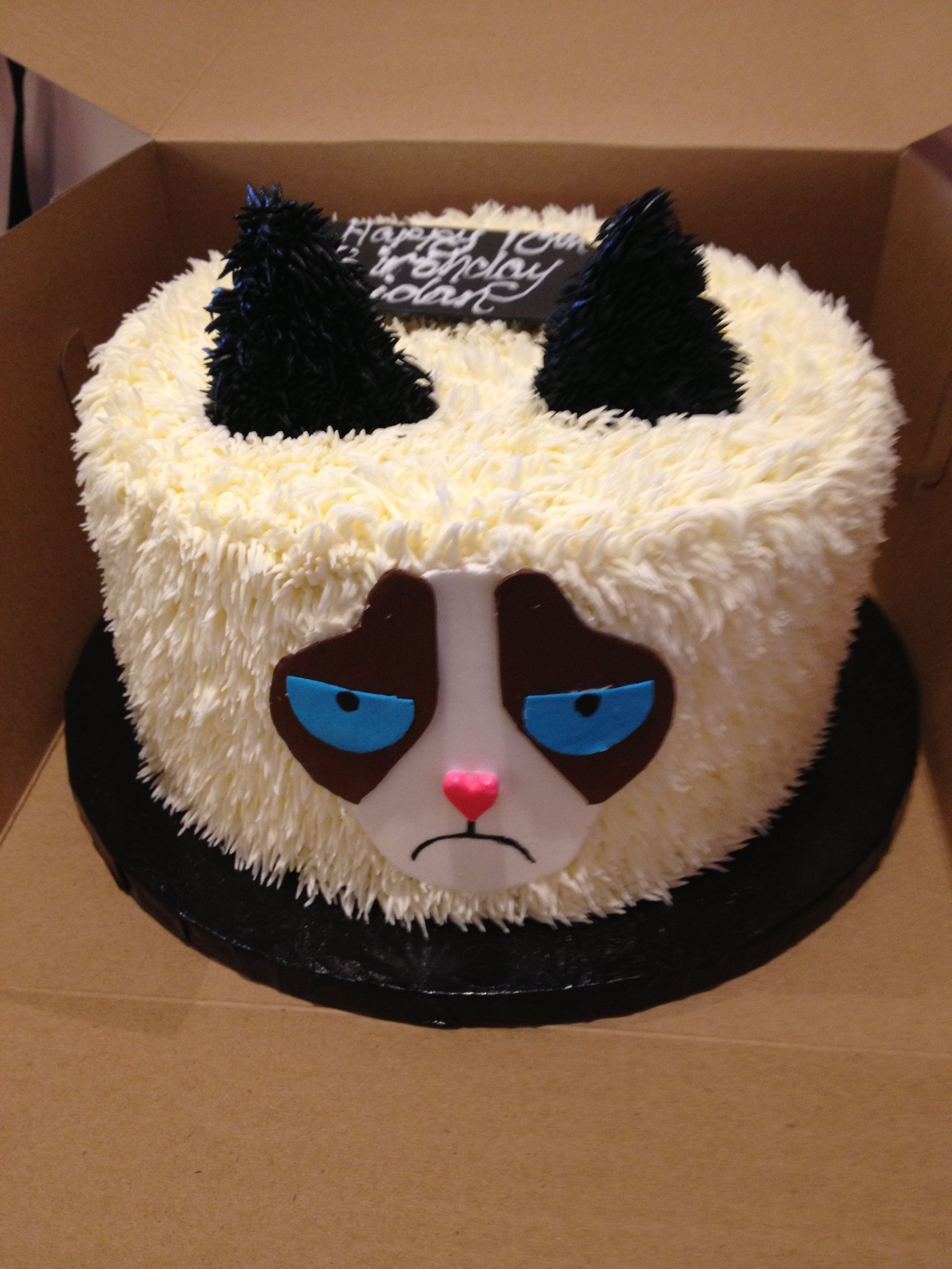 a cake with a grumpy cat face on it