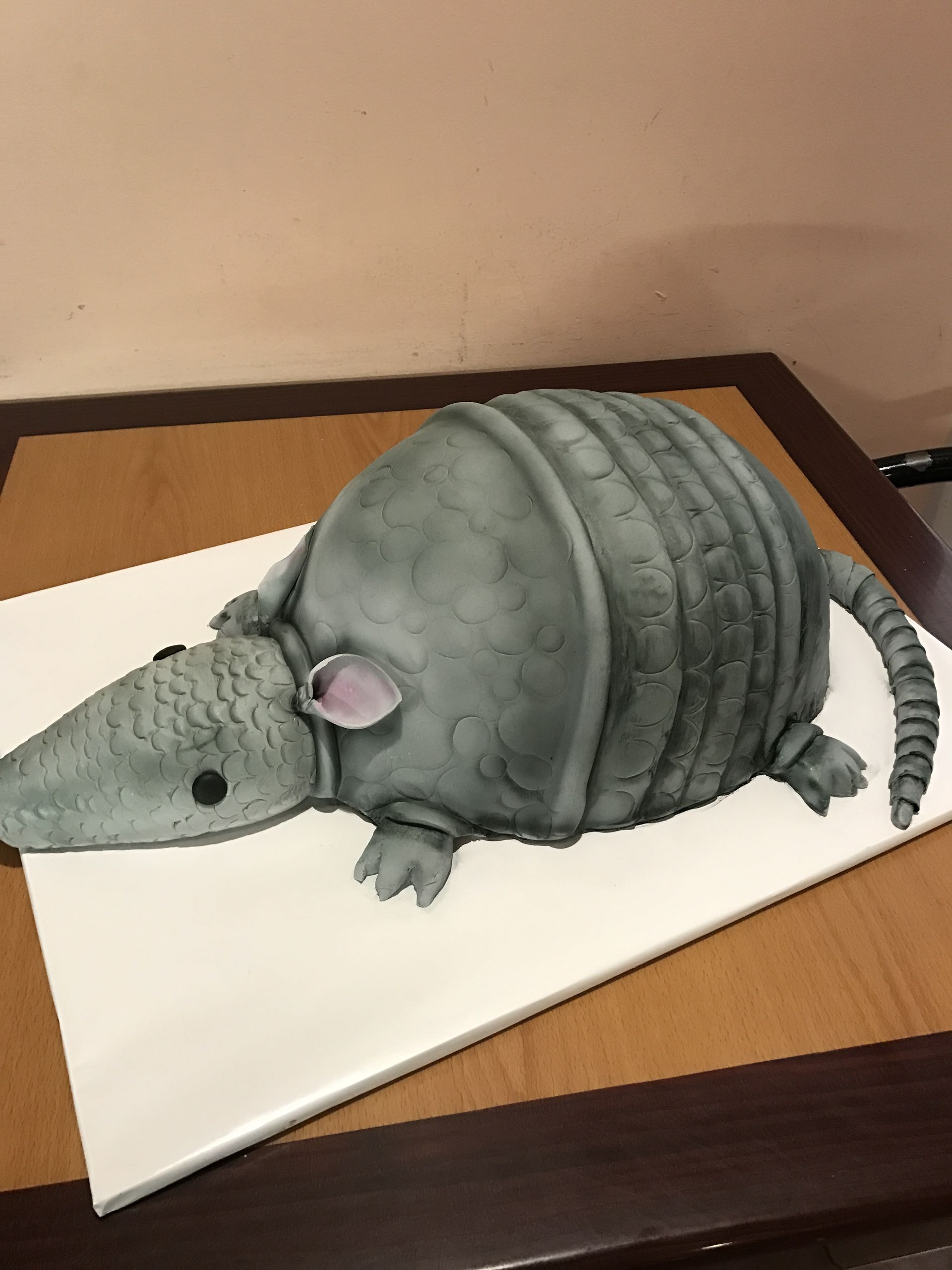 a cake in the shape of an armadillo on a table