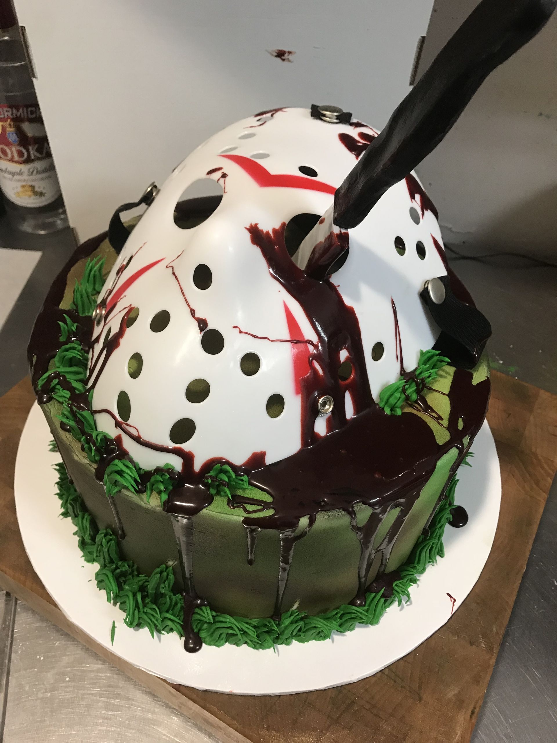 a cake with a jason voorhees mask on it