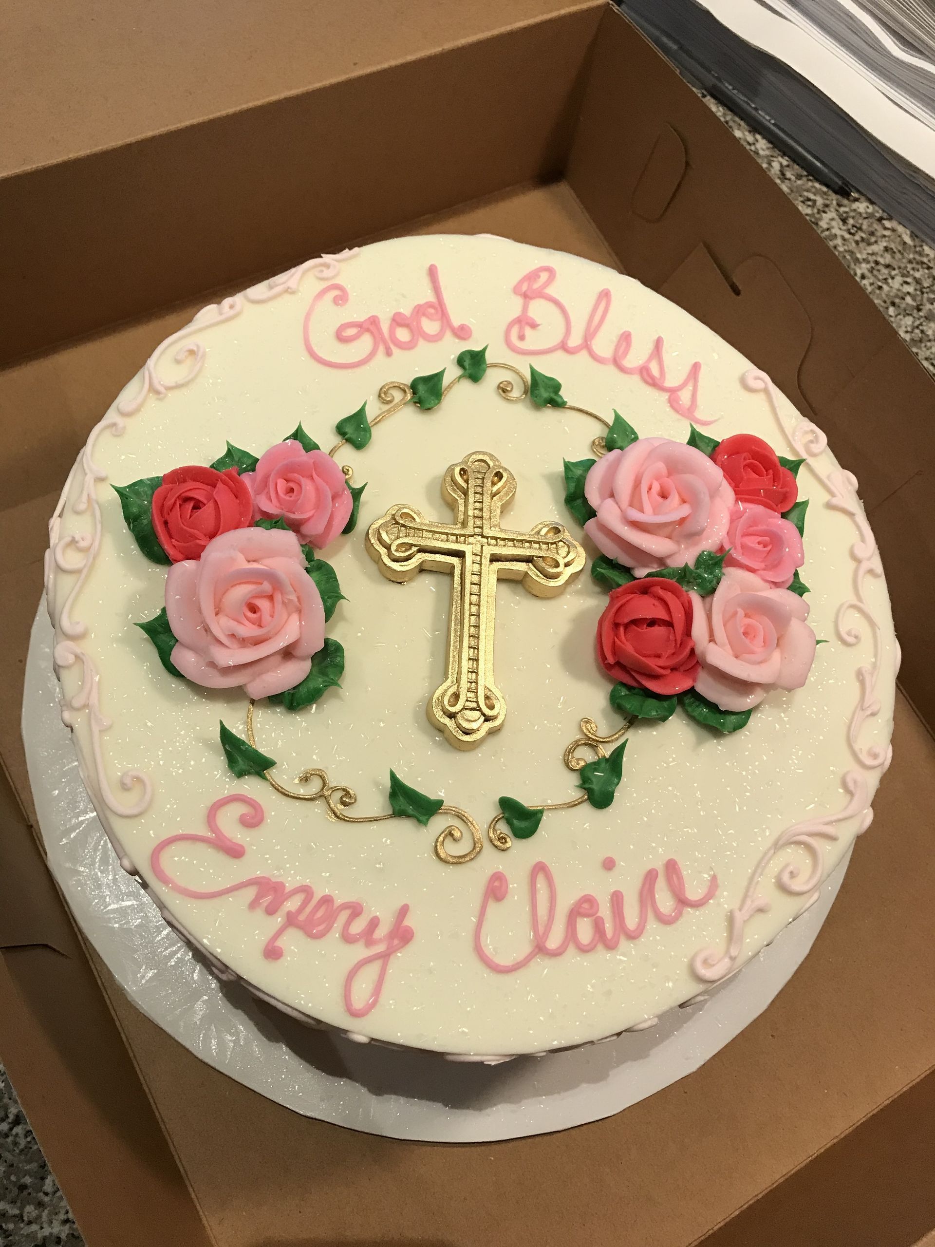 a cake that says god bless empory claire on it