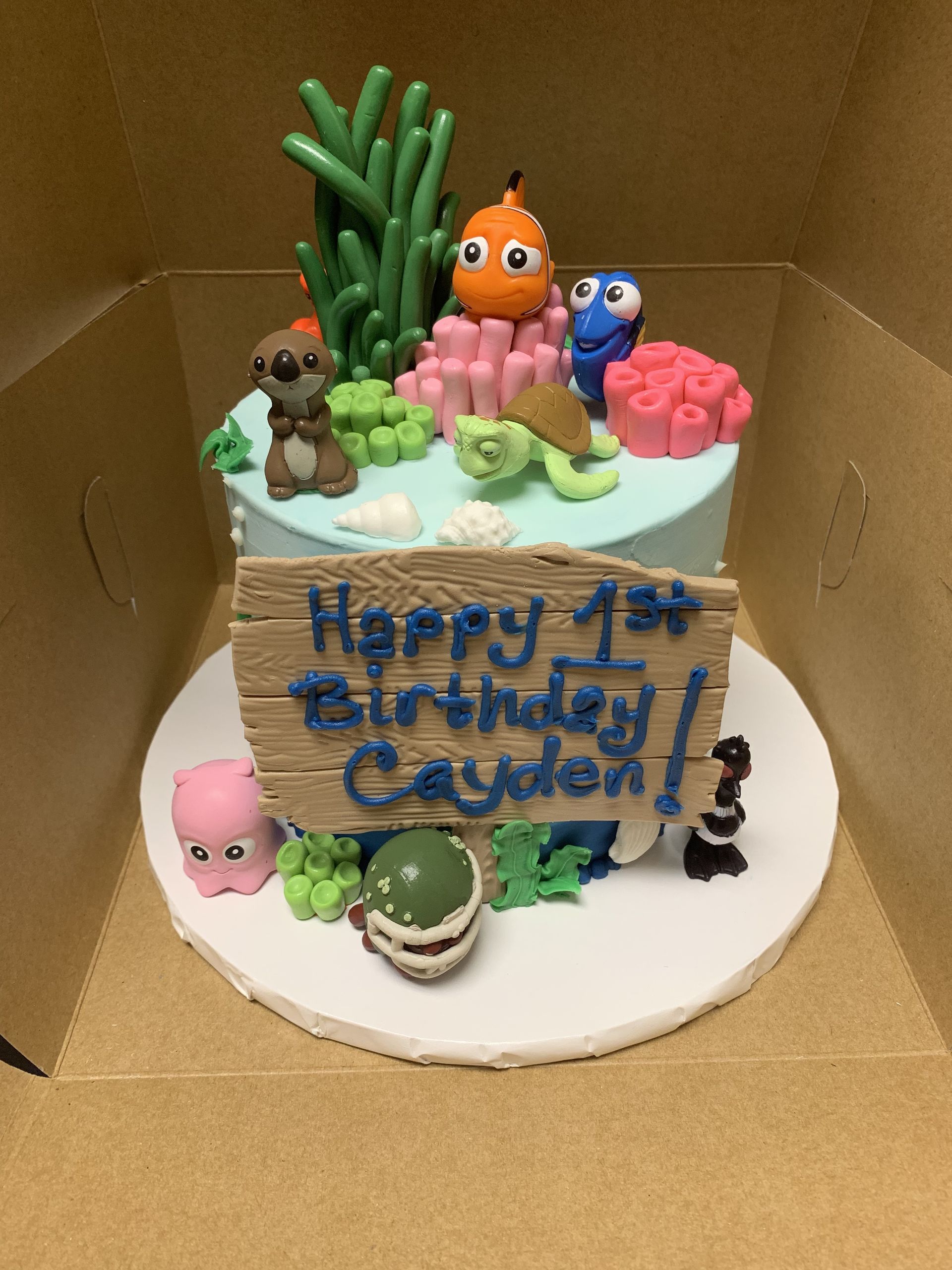 a cake that says happy 1st birthday caden on it